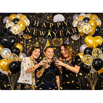 Black and gold heart-shaped confetti balloon set – birthday party decoration