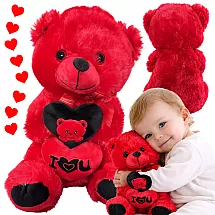 Plush bear with 'i love you' heart – a cuddly gift mascot, red