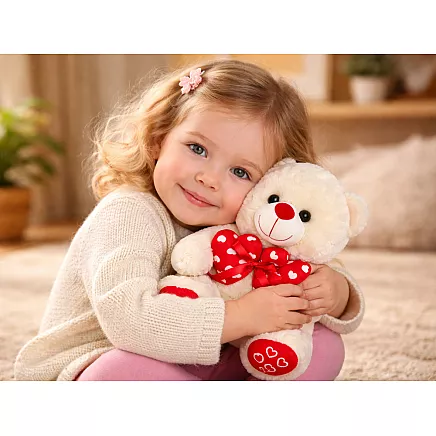 Плюшевый мишка с сердечками — подарок, игрушка для обнимания, талисман, кремового цвета, 30 см