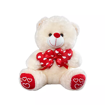 Плюшевый мишка с сердечками — подарок, игрушка для обнимания, талисман, кремового цвета, 30 см