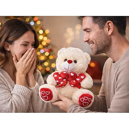 Плюшевый мишка с сердечками — подарок, игрушка для обнимания, талисман, кремового цвета, 30 см