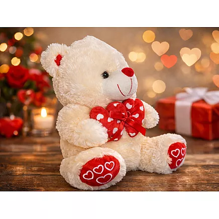 Плюшевый мишка с сердечками — подарок, игрушка для обнимания, талисман, кремового цвета, 30 см