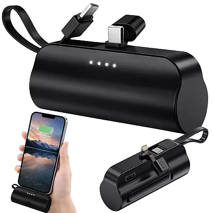 5000 mah powerbank with lightning and usb-c cables – compact travel powerbank