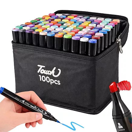 TOUCH ALCOHOL-BASED MARKERS – SET OF 100, DOUBLE-SIDED FELT-TIP MARKERS, CASE