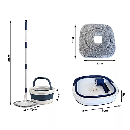 360° flat swivel mop with foldable bucket – 2-pack microfibre rotating bucket