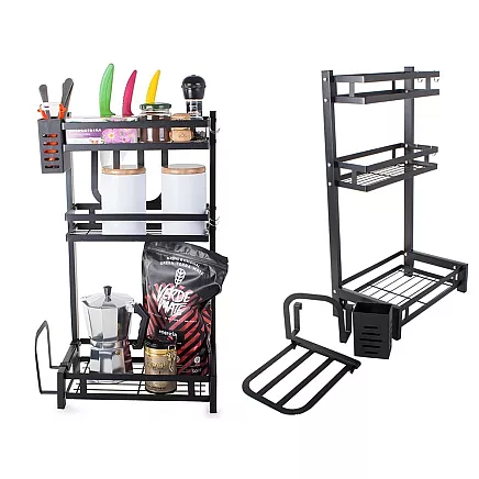 Trīslīmeņu virtuves plaukts organizators loft stilā, melns