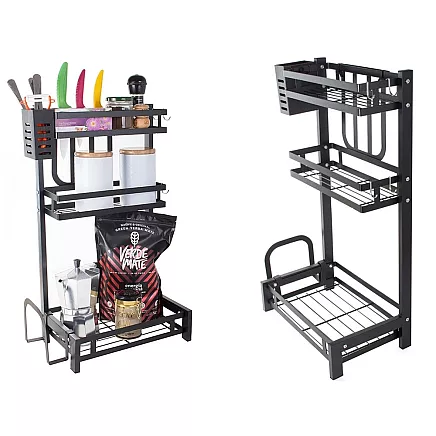 Trīslīmeņu virtuves plaukts organizators loft stilā, melns