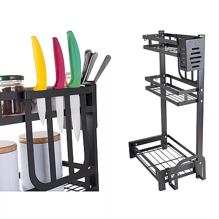 Trīslīmeņu virtuves plaukts organizators loft stilā, melns