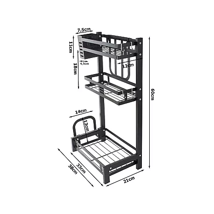 Trīslīmeņu virtuves plaukts organizators loft stilā, melns