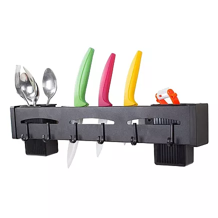 Sienas virtuves plaukts organizators ar āķiem, 40 cm, melns