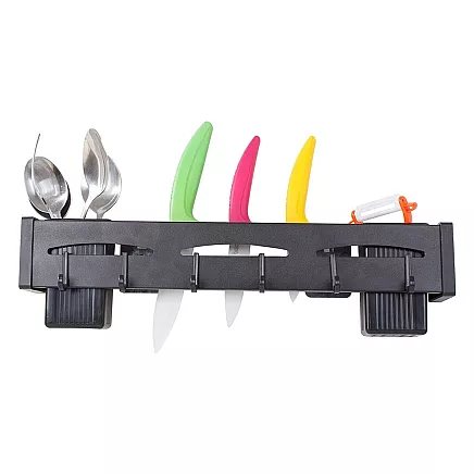 Sienas virtuves plaukts organizators ar āķiem, 40 cm, melns