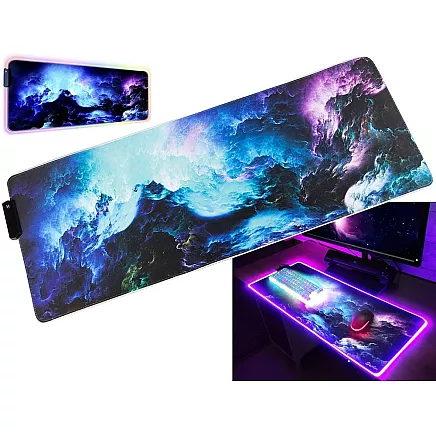 Datorgalda Klaviatūras Paklājs Peles Paliktnis Kosmoss ar Apgaismojumu LED RGB, 30x80cm