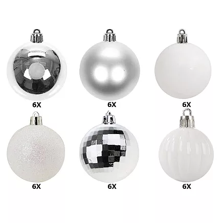 Ziemassvētku Eglīšu Bumbas, Baltas un Sudraba, Nesalaužamas, 36 gab., 6 cm