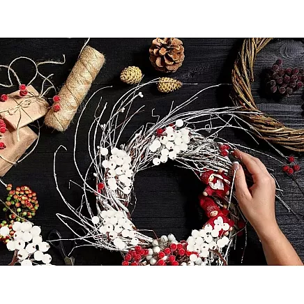 Ziemassvētku Dekors Rotājumi Sarmots Baltais Pīlādzis, 5 Pušķi, 200 Bumbiņas, Sala...