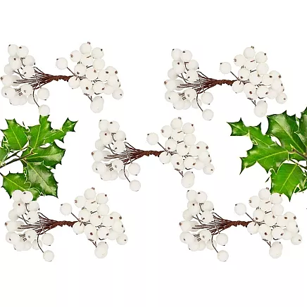 Ziemassvētku Dekors Rotājumi Sarmots Baltais Pīlādzis, 5 Pušķi, 200 Bumbiņas, Sala...