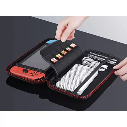 Aizsargmaciņš Nintendo Switch un Switch OLED konsolei ar nodalījumiem, melns