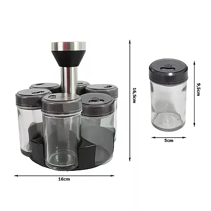 Garšvielu organizators ar rotējošu pamatni, 6 stikla trauki