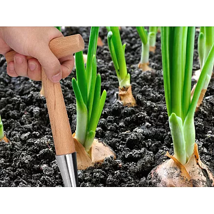 Stādīšanas irdinātājs ar koka rokturi un metāla mērs.