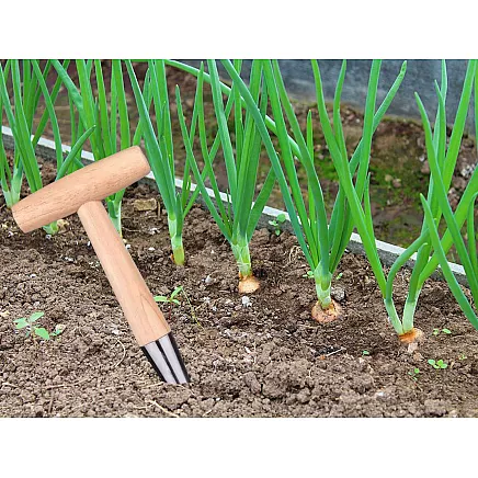 Stādīšanas irdinātājs ar koka rokturi un metāla mērs.