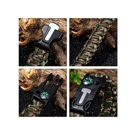 Bracelet survival wristband 5in1 compass flint rope knife paracord rope