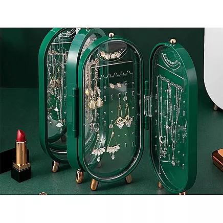 Jewellery organiser folding casket display mirror stand green