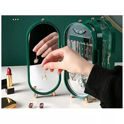 Jewellery organiser folding casket display mirror stand green