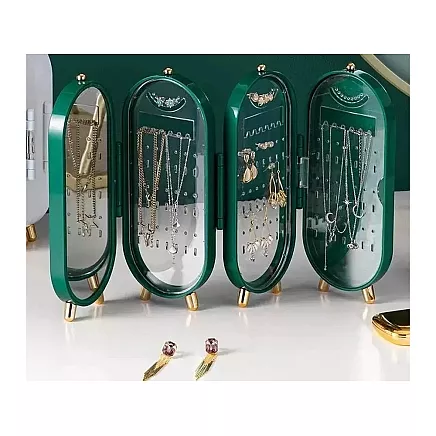 Jewellery organiser folding casket display mirror stand green