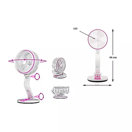 Bezvadu Salokāms Regulējams Grīdas Galdas Ventilators ar LED Apgaismojumu, 15-44cm, Rozā