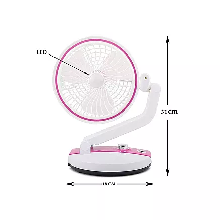 Bezvadu Salokāms Regulējams Grīdas Galdas Ventilators ar LED Apgaismojumu, 15-44cm, Rozā