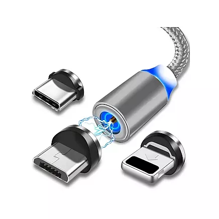 Magnetic charging cable 3w1 micro typ-c usb lightning 1m