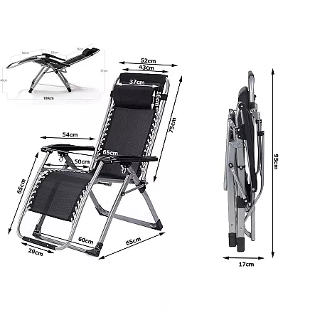 Saliekams dārza zvilnis Zero Gravity ar spilvenu, pastiprināts, melns