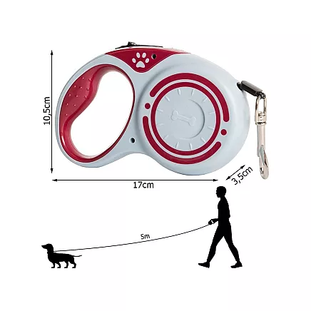Automātiska izturīga pavada ar bloķēšanu suņiem, 5m, līdz 15kg, sarkana