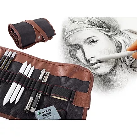 Profesionāls skicēšanas, rasēšanas un zīmēšanas zīmuļu komplekts auduma maciņā, 29 gb.