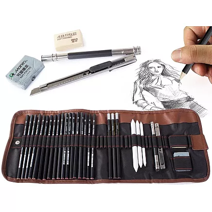 Profesionāls skicēšanas, rasēšanas un zīmēšanas zīmuļu komplekts auduma maciņā, 29 gb.