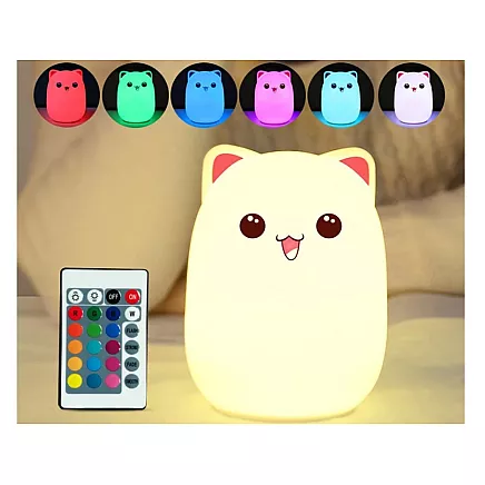 Bērnu Silikona Nakts LED RGB Gaismas Lampa ar Tālvadības Pulti, Kaķis
