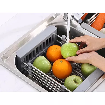 Draining board for sink telescopic vegetable fruit basket