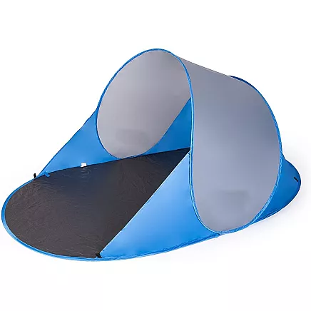 Pašizplešams pludmales telts ar aizsardzību un pārsegu, zils-sudrabs