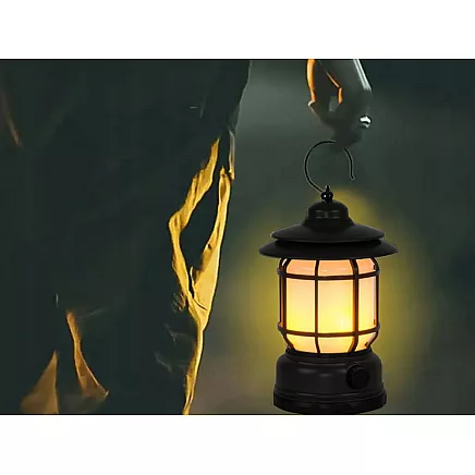 LED kempinga lampa, lukturis ar akumulatoru, USB, āra, ar āķi, Melns