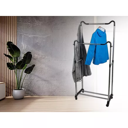 Wardrobe mobile coat rack double shelf rack on wheels