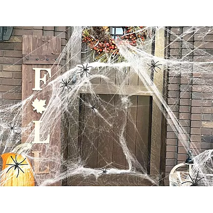 Artificial white spider web with 4 spiders halloween decoration stretchable