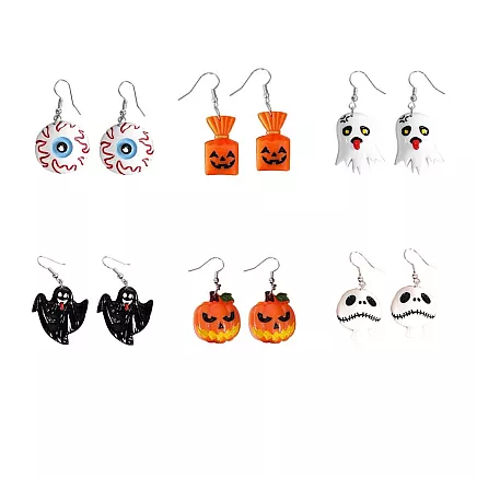 Halloween auskari komplekts, 6 pāri, ķirbis, spoks, acs, konfekte