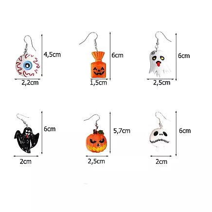 Halloween auskari komplekts, 6 pāri, ķirbis, spoks, acs, konfekte