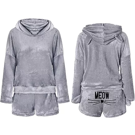 Warm womens pyjamas two-piece with hood soft plush short m