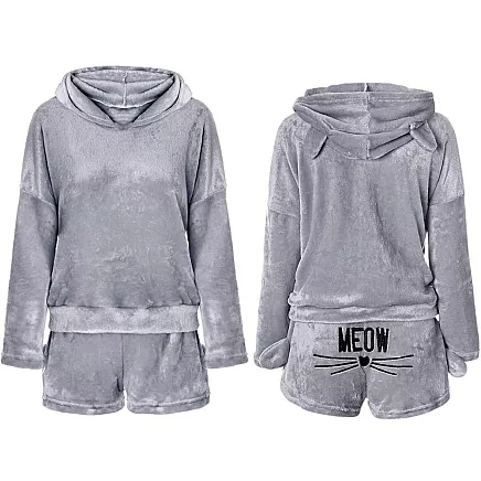 Warm womens pyjamas two-piece with hood soft plush short l