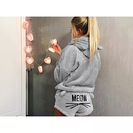 Warm womens pyjamas two-piece with hood soft plush short l