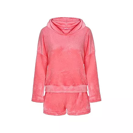 Warm womens pyjamas two-piece with hood soft plush short m