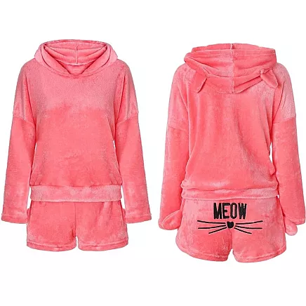 Warm womens pyjamas two-piece with hood soft plush short m