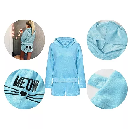 Warm womens pyjamas two-piece with hood soft plush short xl