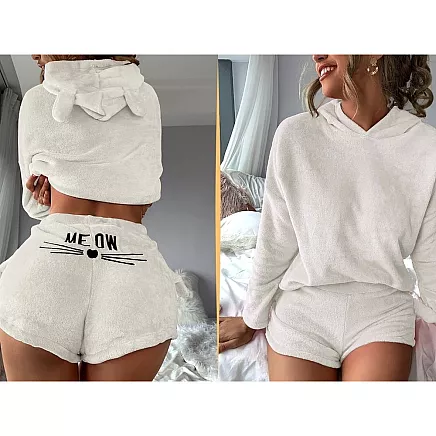Warm womens pyjamas two-piece with hood soft plush short l