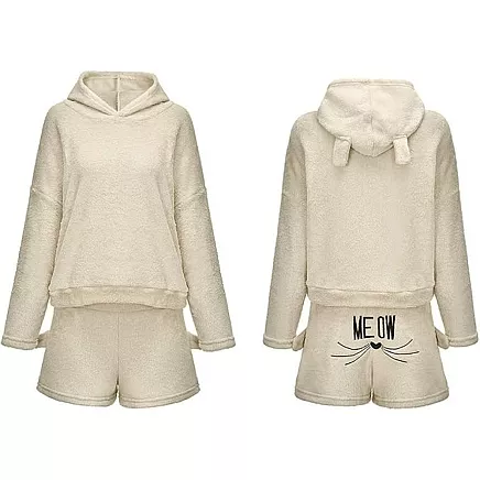 Warm womens pyjamas two-piece with hood soft plush short xl